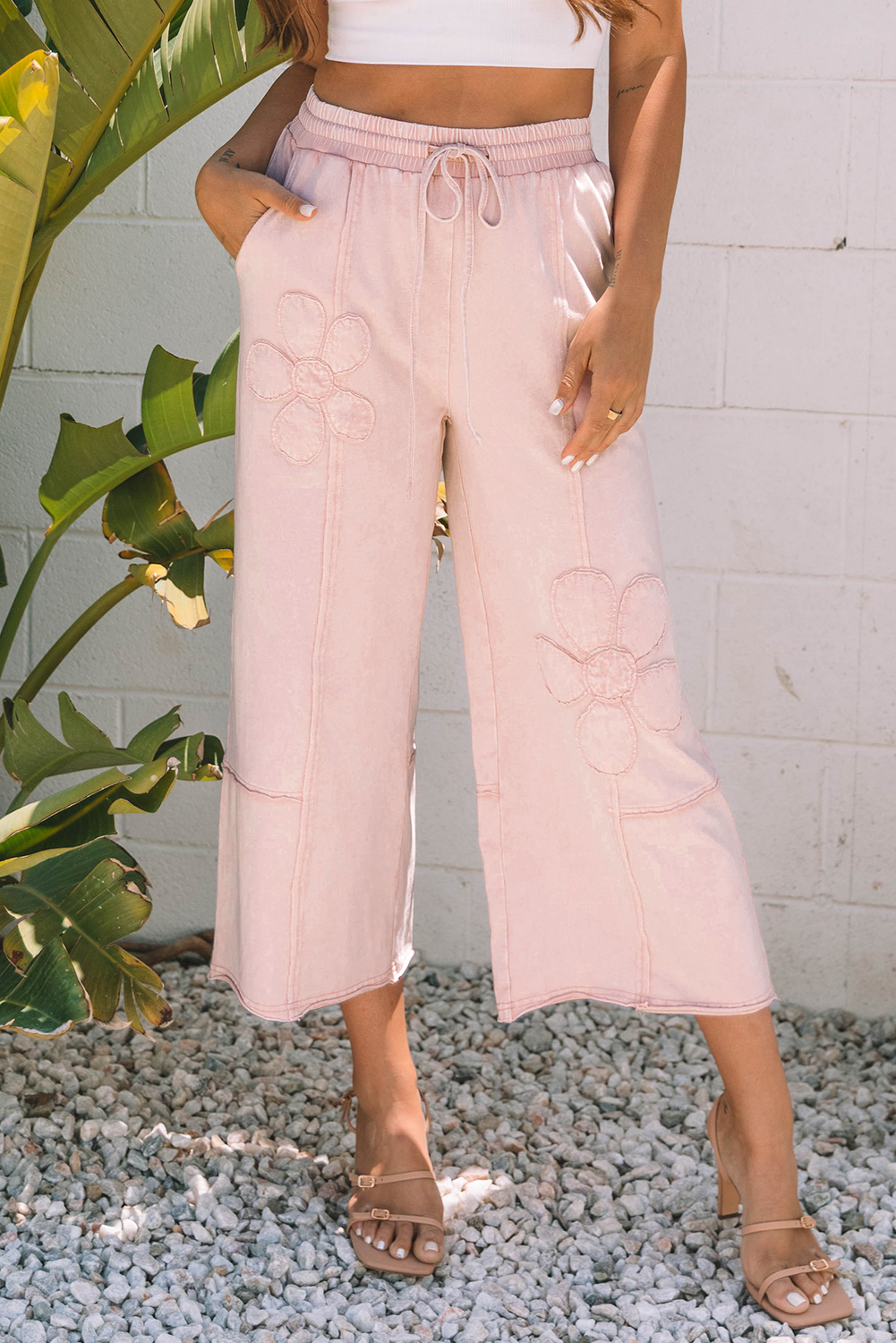 Pink Flower Patch Mineral Washed Terry Knit Cropped Wide Leg Pants - loveforevers