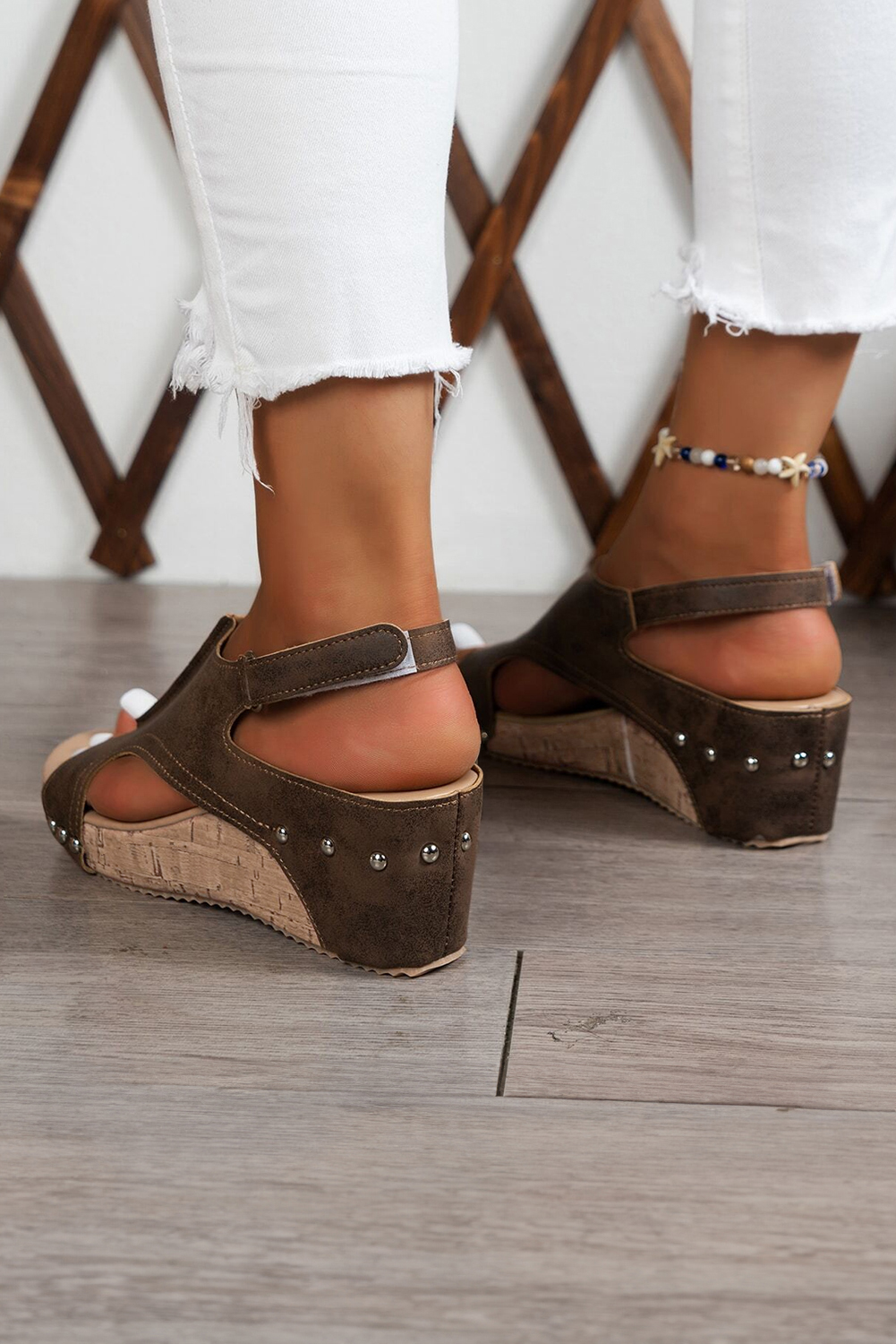 Chestnut Suede Patched Studded Cut Out Wedge Sandals - loveforevers