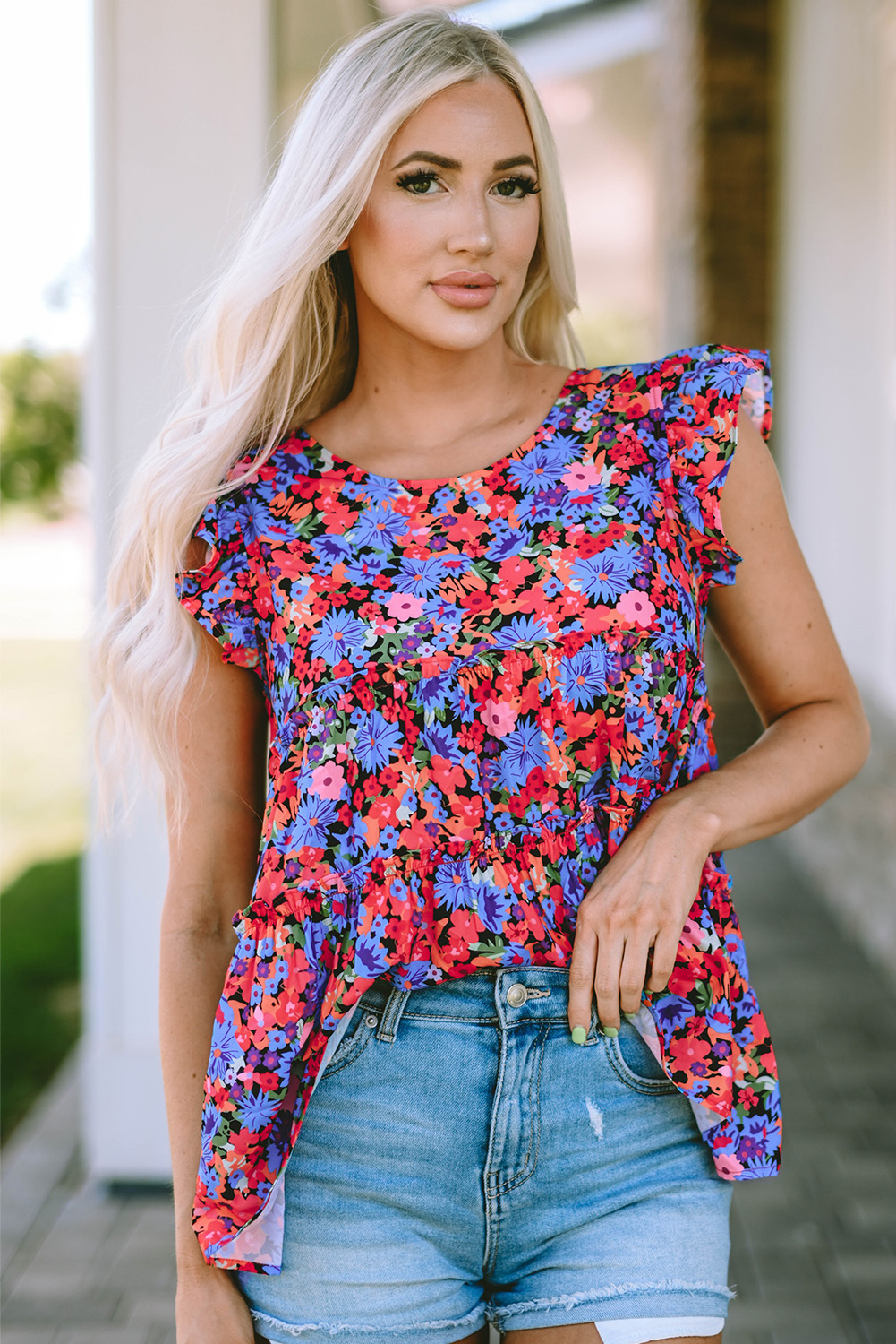 Multicolor Floral Print Ruffle Tiered Short Sleeve Babydoll Top - loveforevers