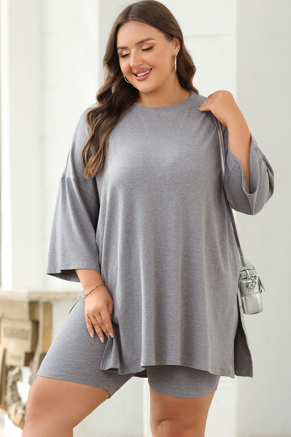 Light Grey Solid Color Loose Tunic Top and Slim Shorts Set - loveforevers