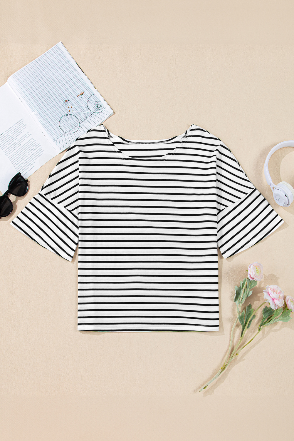 Black Stripe Half Sleeve Scoop Neck Loose Top - loveforevers