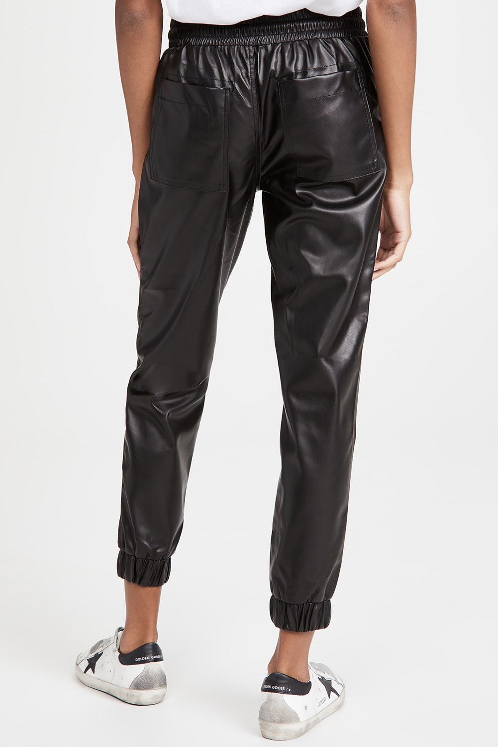 Black Faux Leather Ankle Smocked Waist Drawstring Joggers - loveforevers