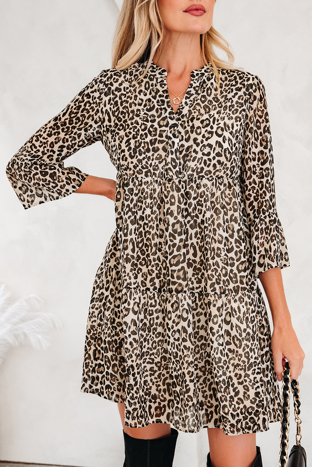 Khaki Leopard 3/4 Sleeve V Neck Swing Dress - loveforevers