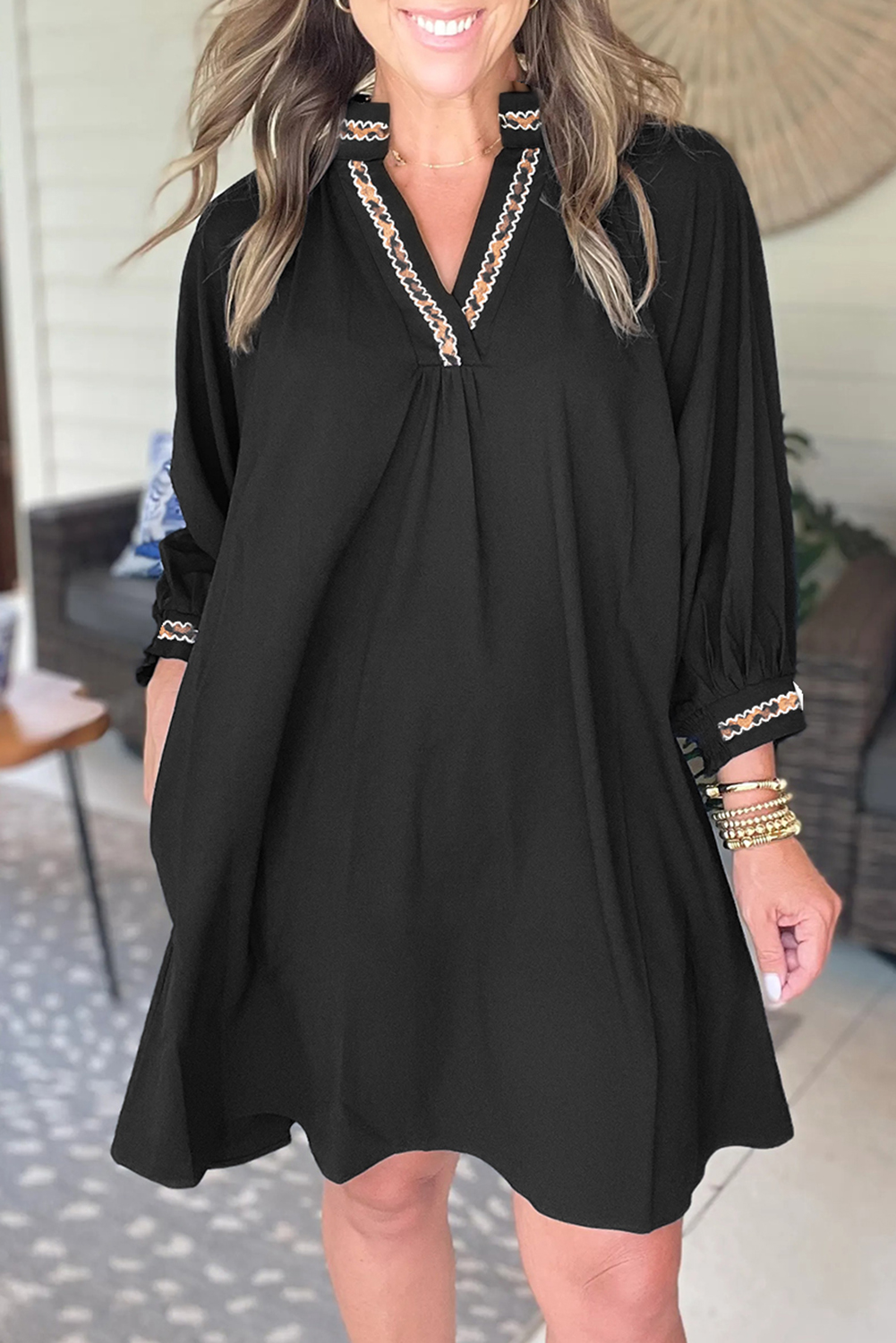 Black Contrast Trim V Neck Bracelet Sleeve Shift Mini Dress - loveforevers