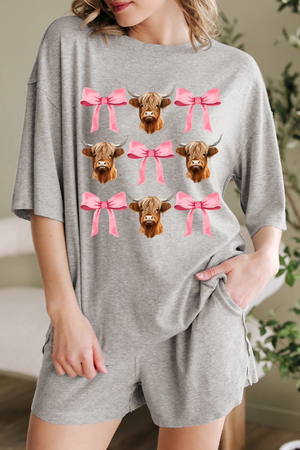 Gray Western Cow Head Bow Print Loose Fit Two Piece Shorts Set - loveforevers