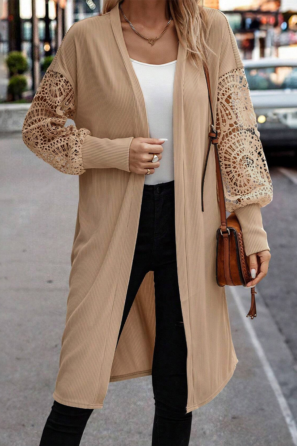 Parchment Lace Patchwork Ribbed Knit Open Front Duster Cardigan - loveforevers