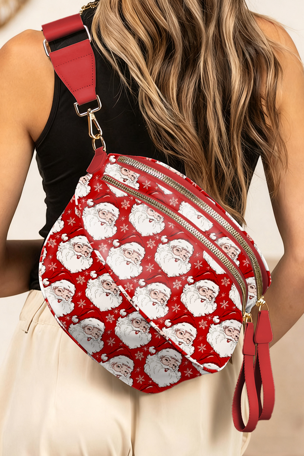 Fiery Red Christmas Theme Double Zip PU Leather Crossbody Bag - loveforevers