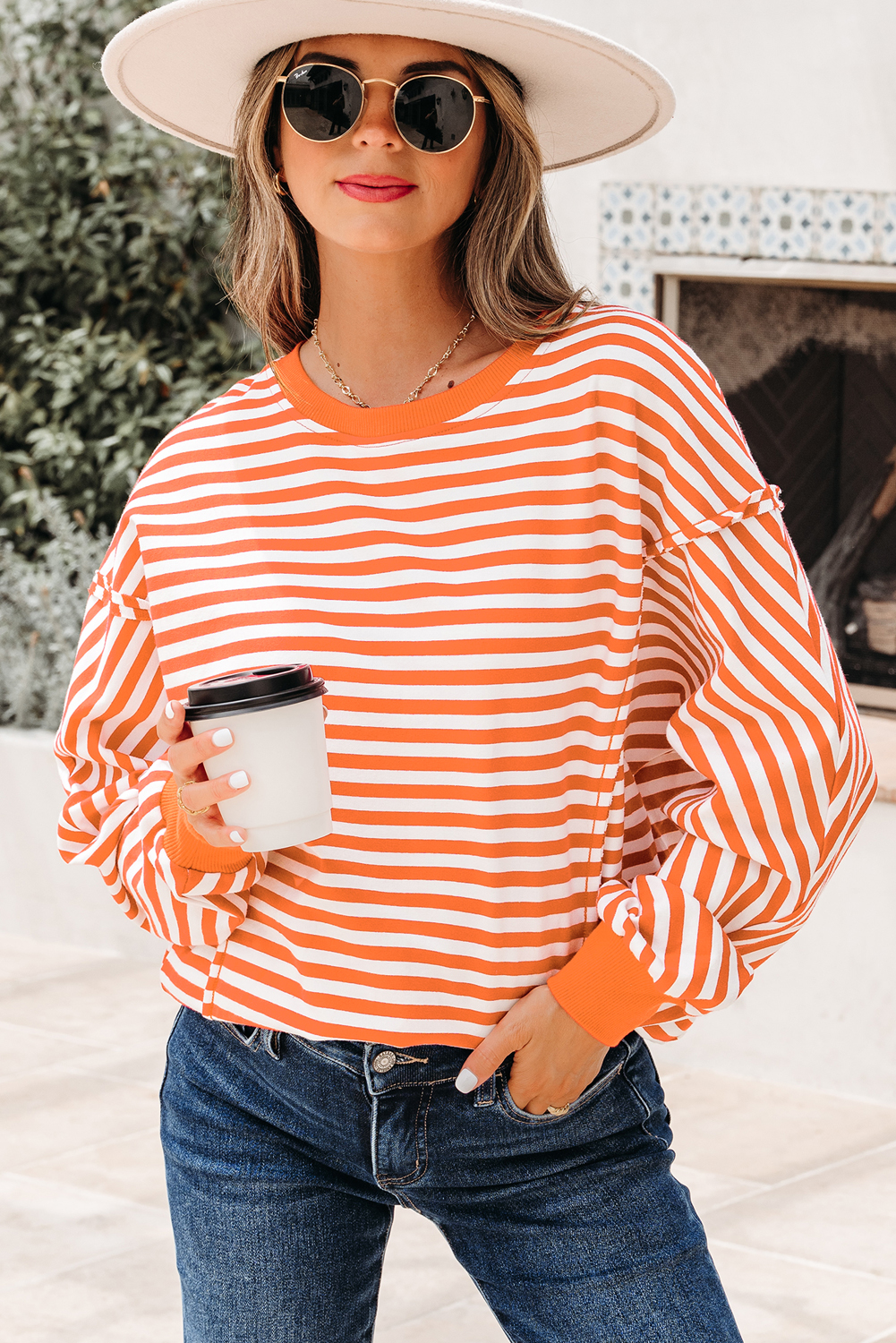 Orange Stripe Exposed Seam Drop Shoulder Casual Pullover Top - loveforevers