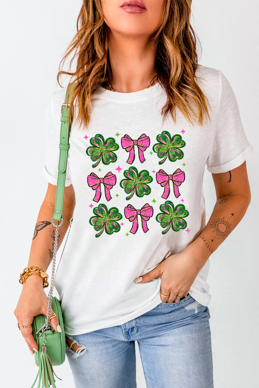 White St Patrick Shamrock Bowknot Printed Crewneck Tee - loveforevers