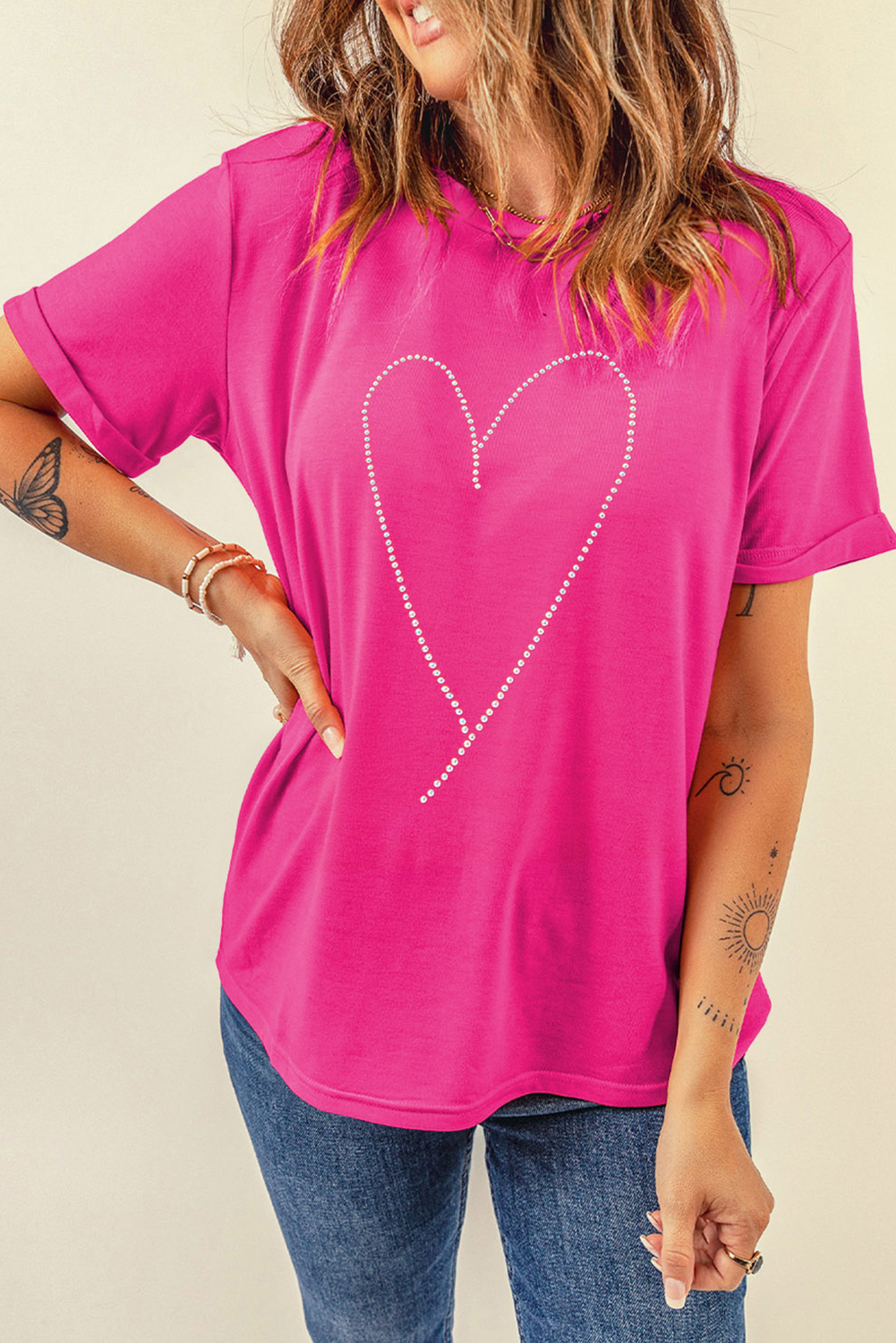 Rose Red Rhinestone Heart Graphic Crew Neck Valentines Tee - loveforevers