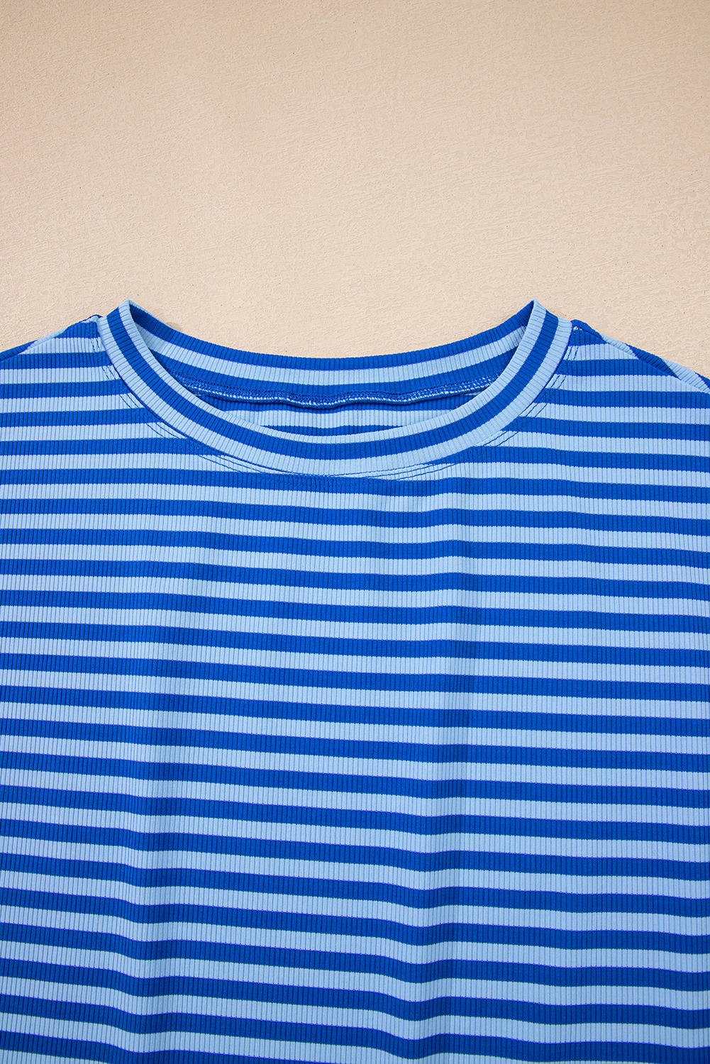 Sky Blue Stripe Ribbed Cap Sleeve Round Neck T Shirt - loveforevers