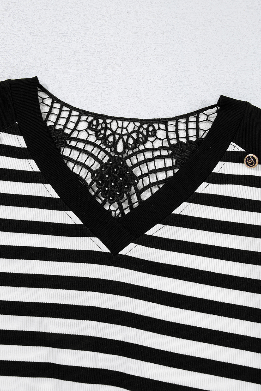 Black Stripe Crochet Hollow-out Back Buttoned Shoulder V Neck Top - loveforevers