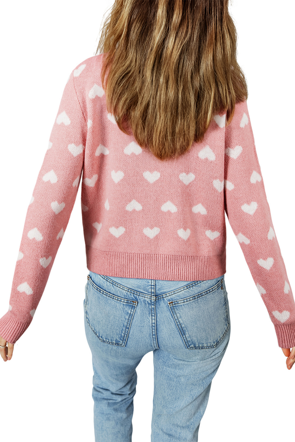 Light Pink Heart Pattern Button Front Cardigan Sweater - loveforevers
