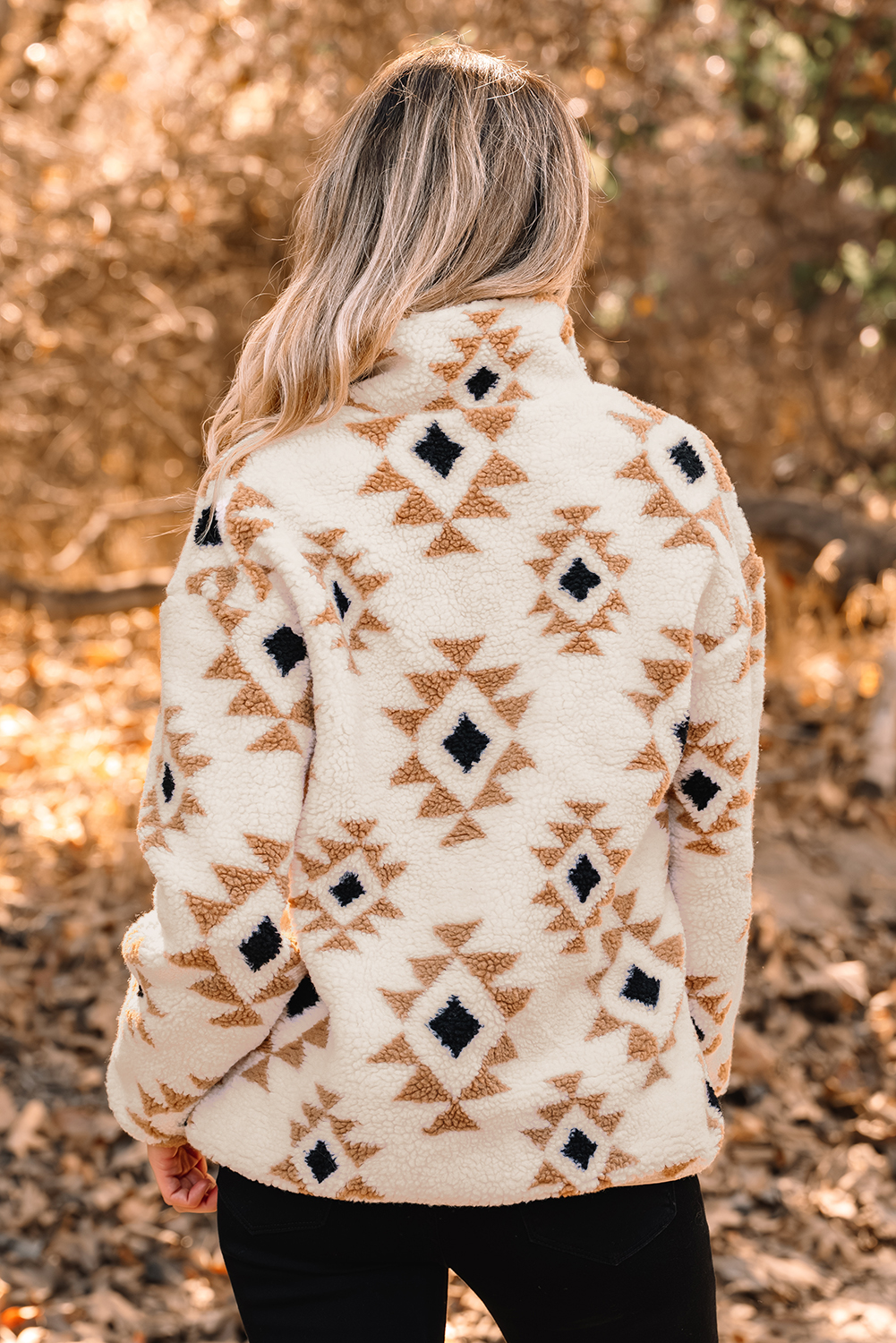 Khaki Aztec Print Sherpa Quarter Zip Collar Sweatshirt - loveforevers