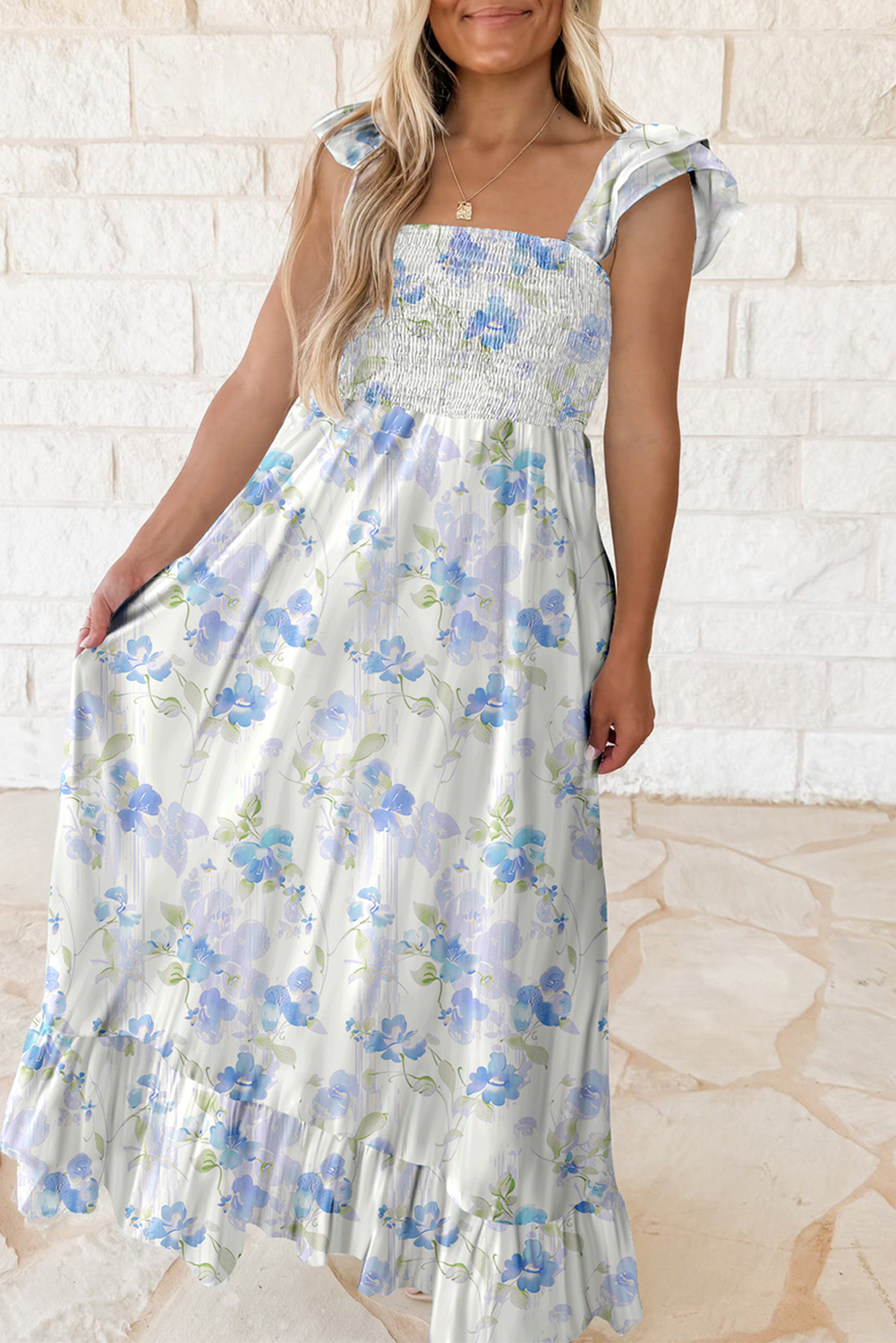 Sky Blue Floral Smocked High Waist Double Ruffle Sleeveless Long Dress - loveforevers
