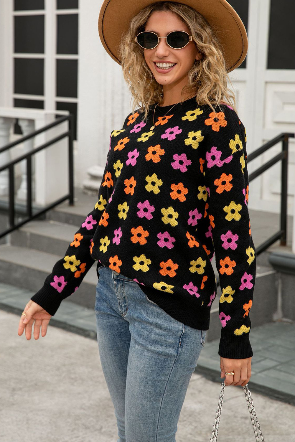 Apricot Cute Flower Allover Ribbed Trimmed Drop Shoulder Pullover Sweater - loveforevers