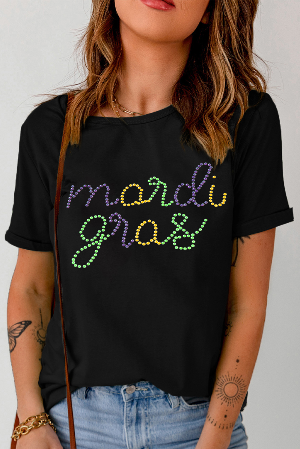 Black Rhinestone Mardi Gras Letter Graphic T Shirt - loveforevers