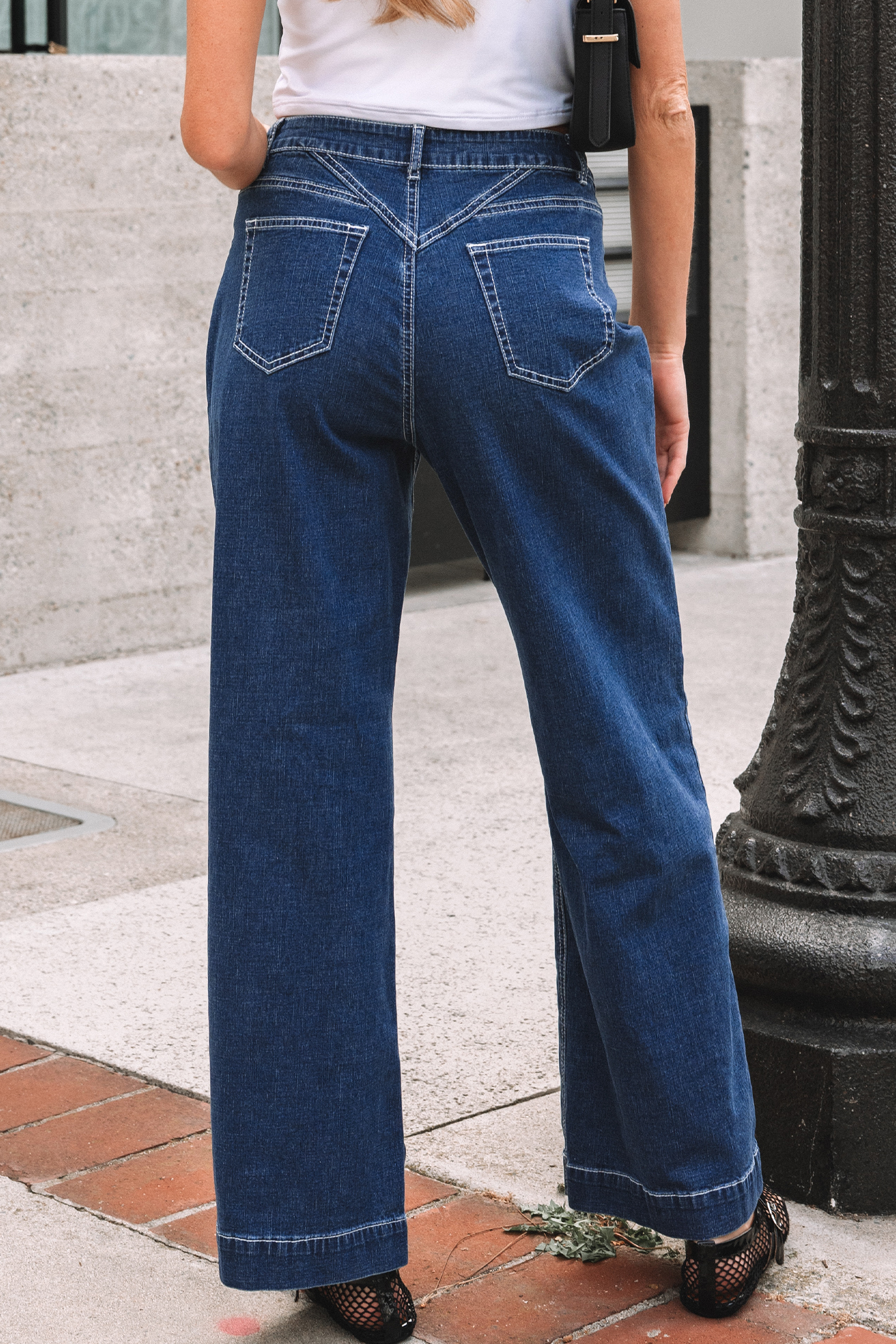 Sail Blue Stitched Waist Detail Loose Cuffed Jeans - loveforevers