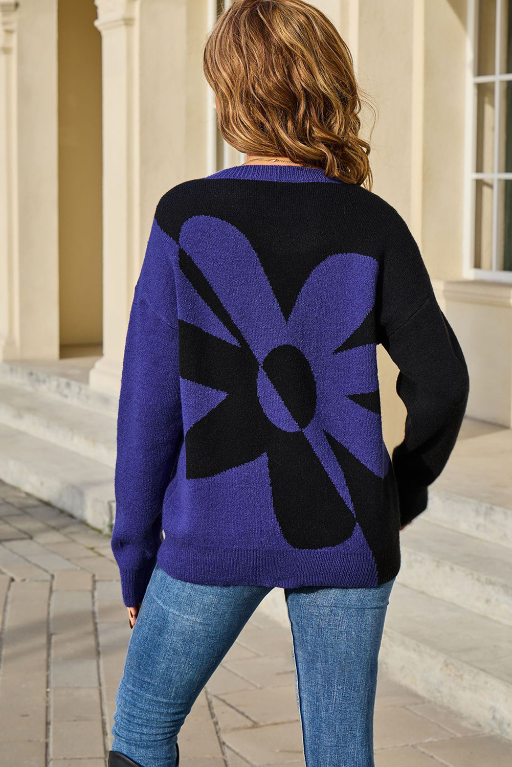 Black 2-tone Contrast Flower Pattern Drop Shoulder Bulk Sweater - loveforevers