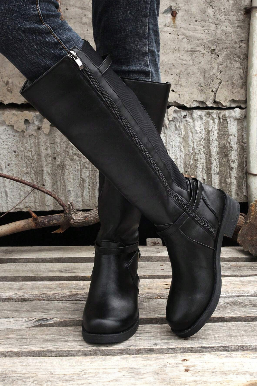 Black Side Zipper Knee High Chunky Low Heel Boots - loveforevers