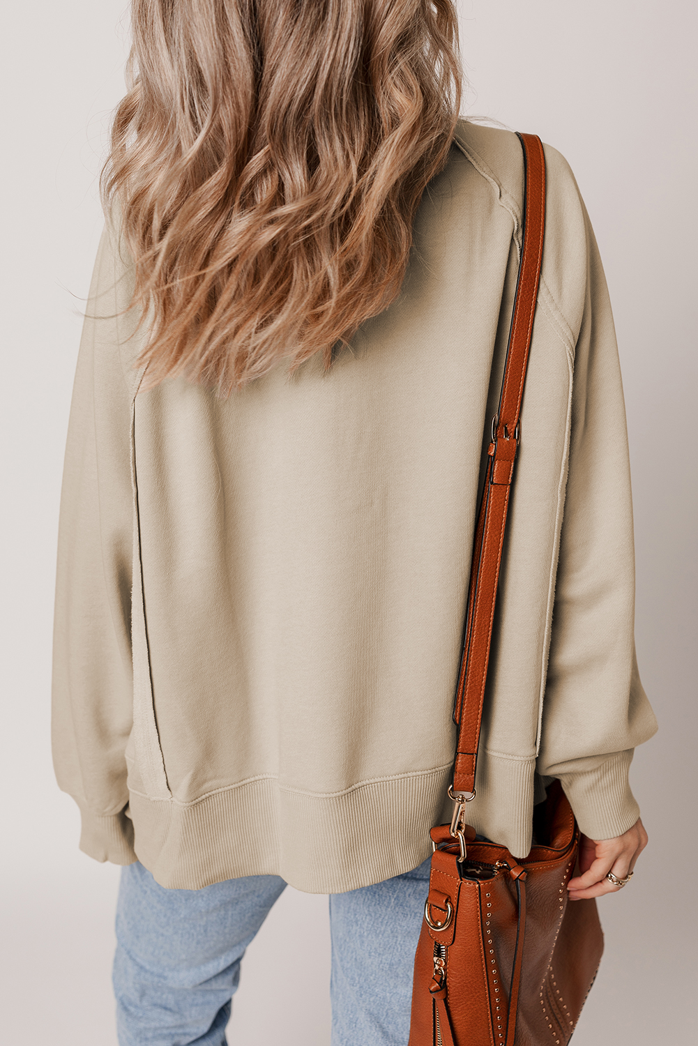 Parchment Raw Edge Exposed Seam Raglan Sleeve Side Slit Sweatshirt - loveforevers