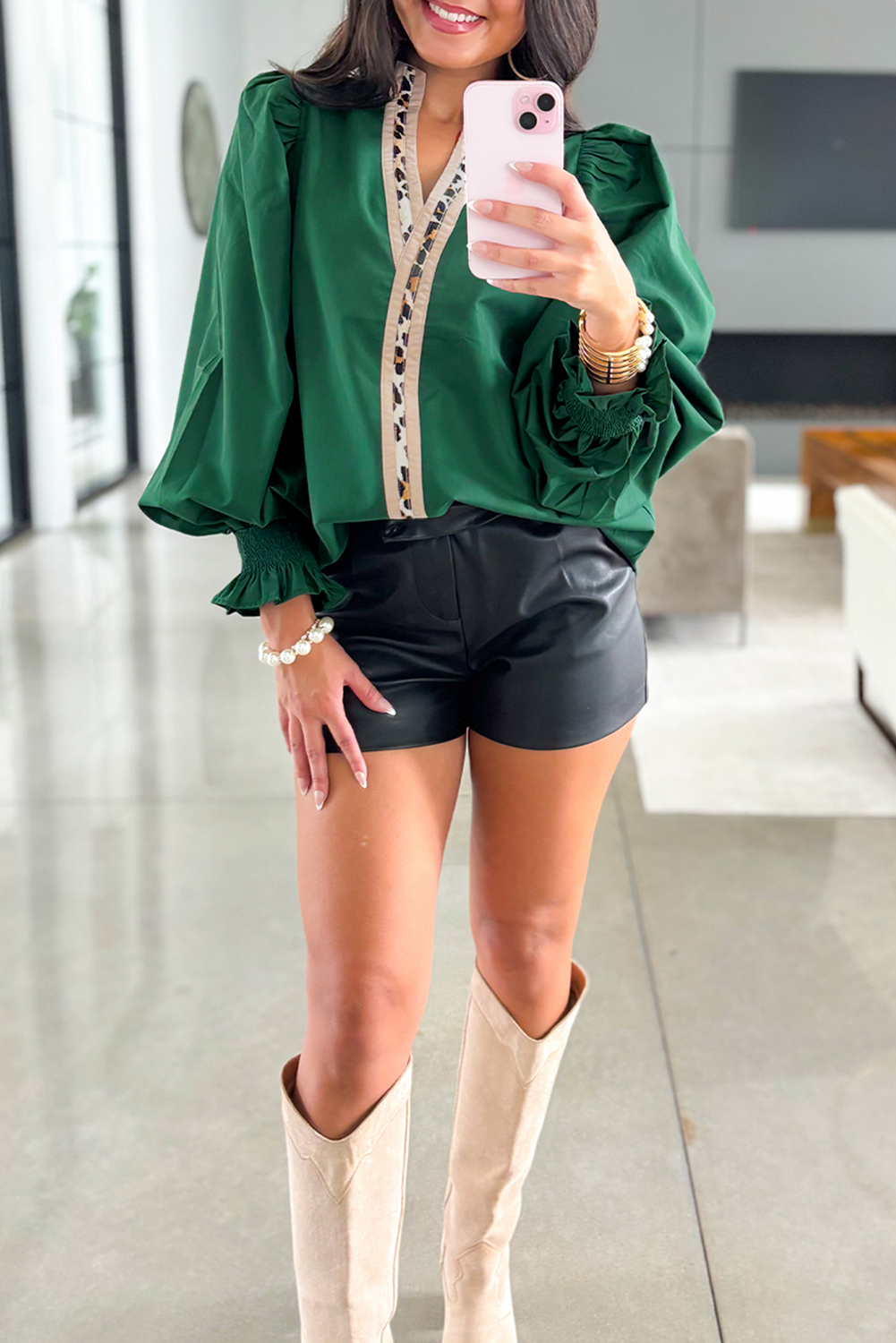 Evergreen Puffy Flounce Sleeve Leopard Trim V Neck Blouse - loveforevers