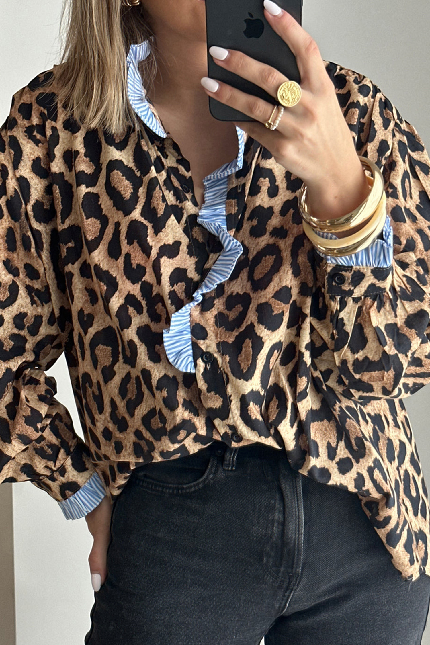 Brown Wild Leopard Print Contrast Striped Frilled Trim Chic Shirt - loveforevers
