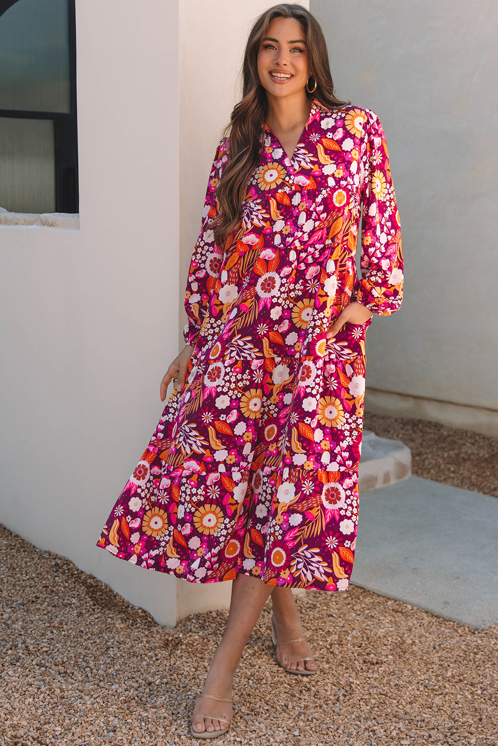 Purple Collared Tiered Flowy Long Dress - loveforevers