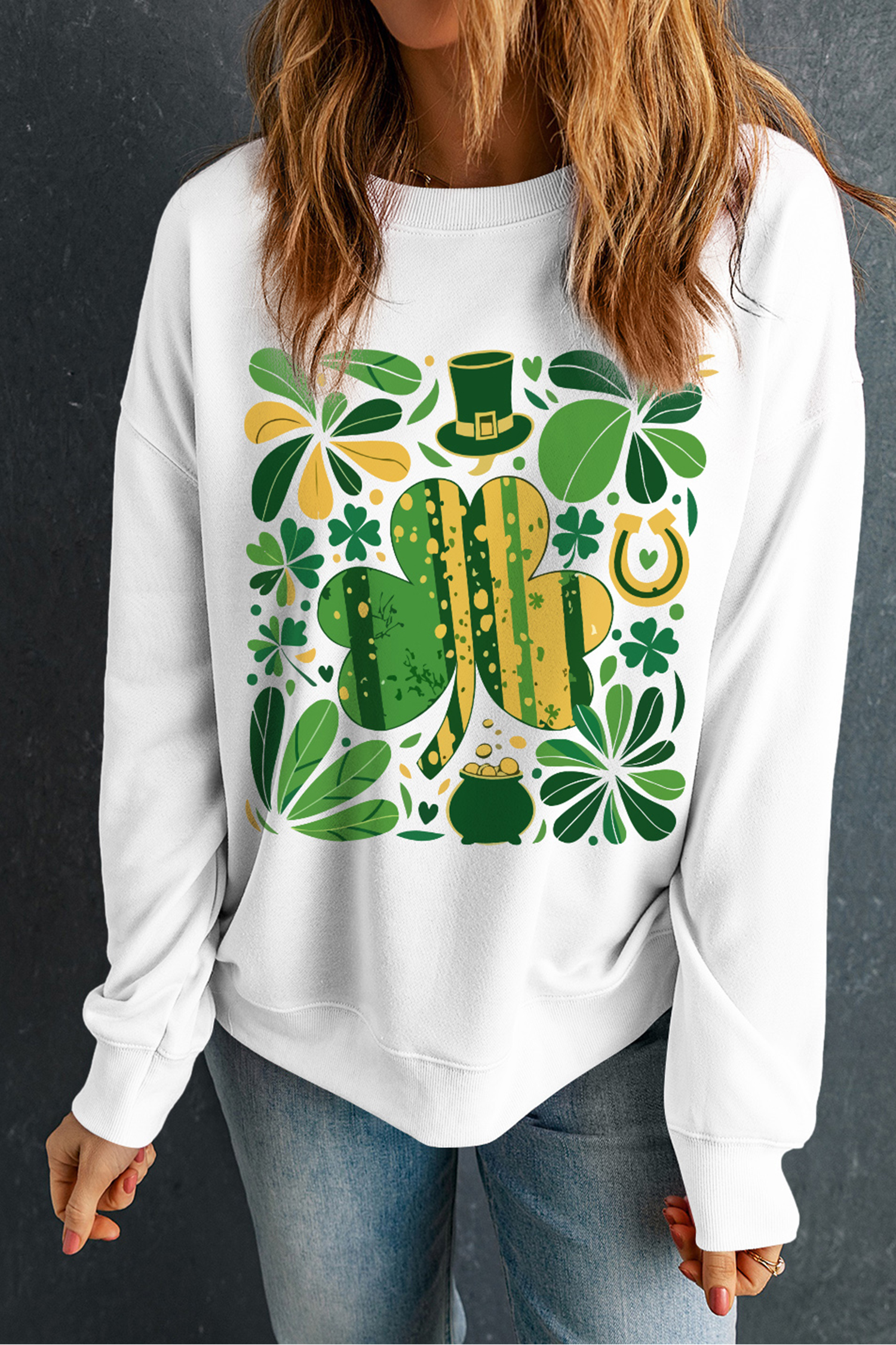 White St Patricks Day Clover Clipart Graphic Sweatshirt - loveforevers