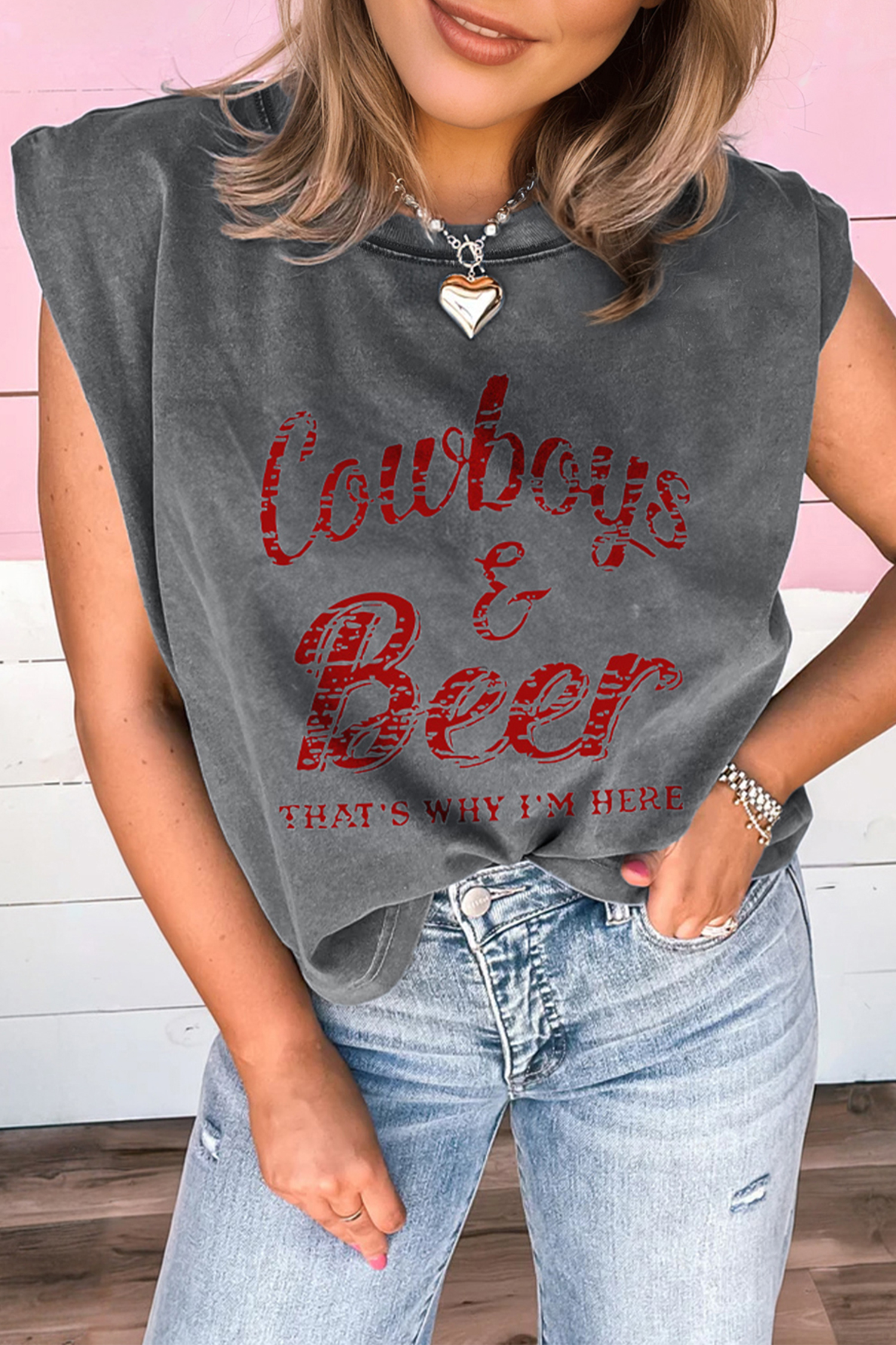 Smoke Gray Cowboy & Beer Western Graphic Mineral Wash Tank Top - loveforevers