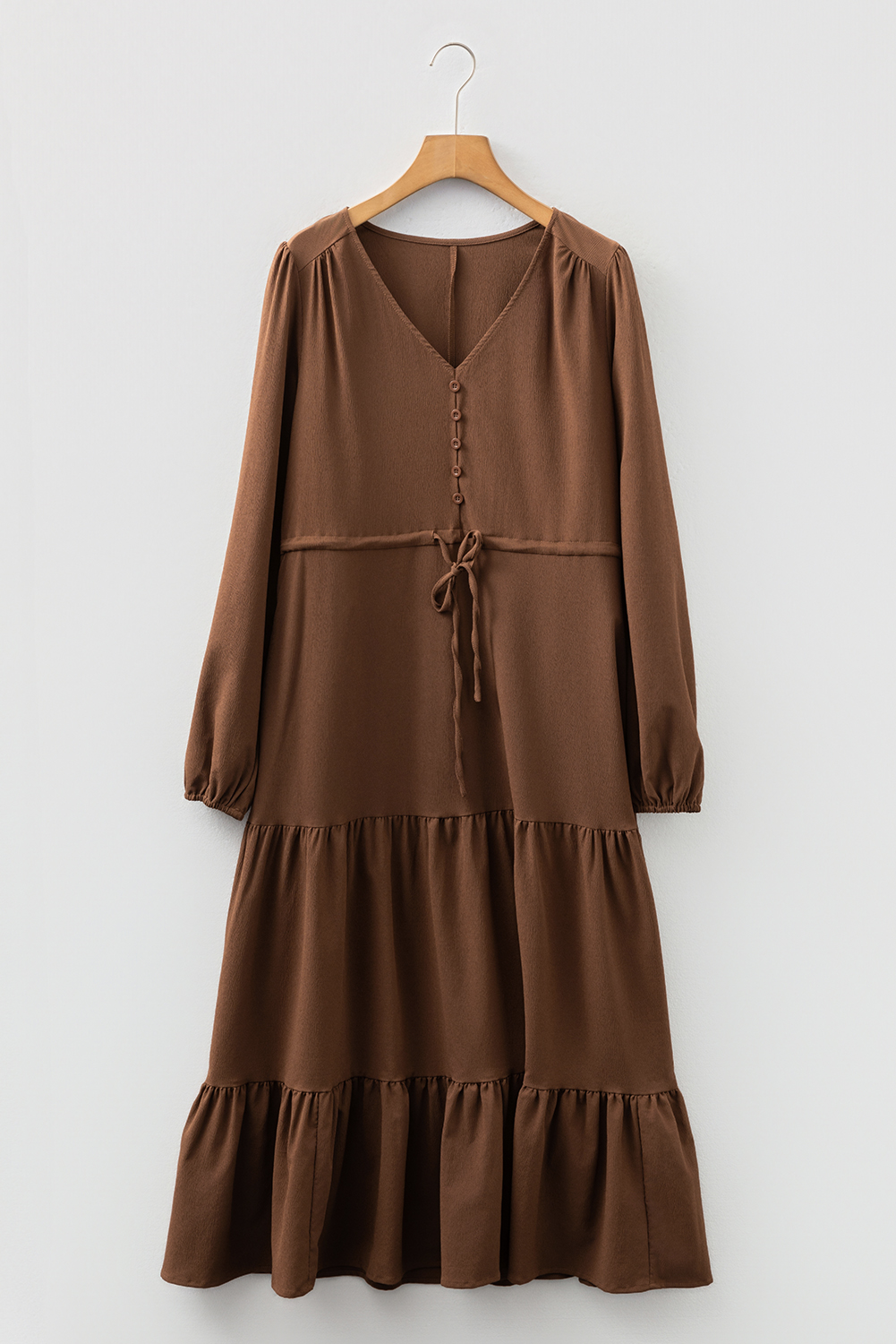 Blackish Green Solid Long Sleeve Button V Neck Tiered Maxi Dress - loveforevers