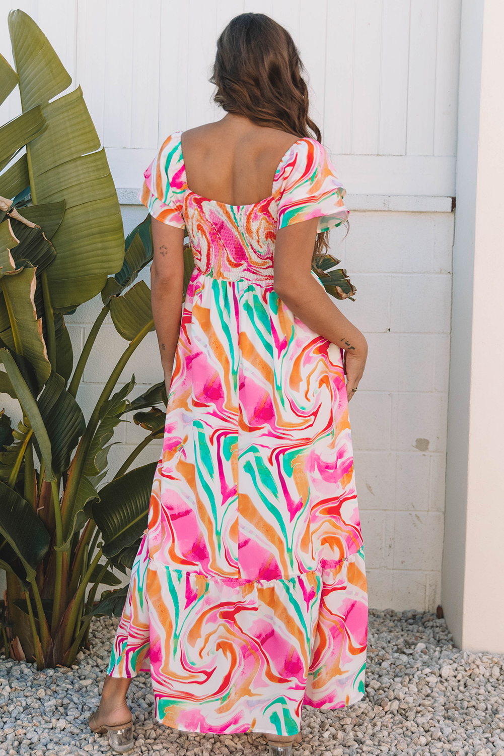 Pink Abstract Print Ruffled Sleeve Smocked Bust Maxi Dress - loveforevers