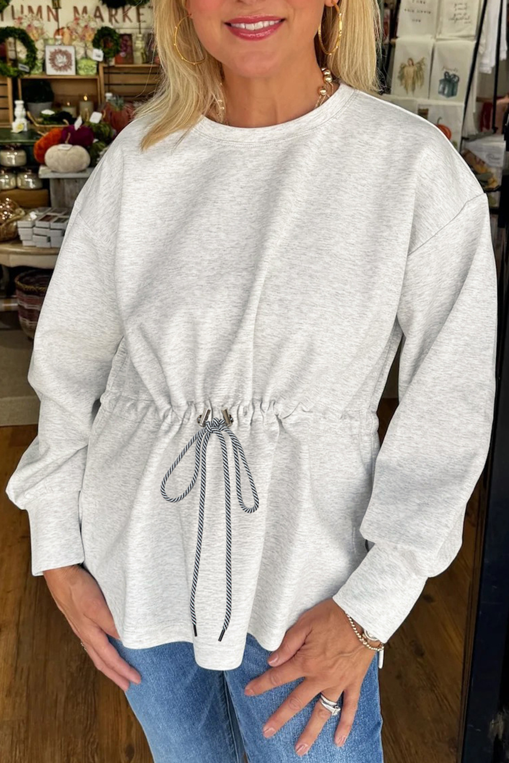 Light Grey Drawstring Waist Tunic Solid Sweatshirt - loveforevers