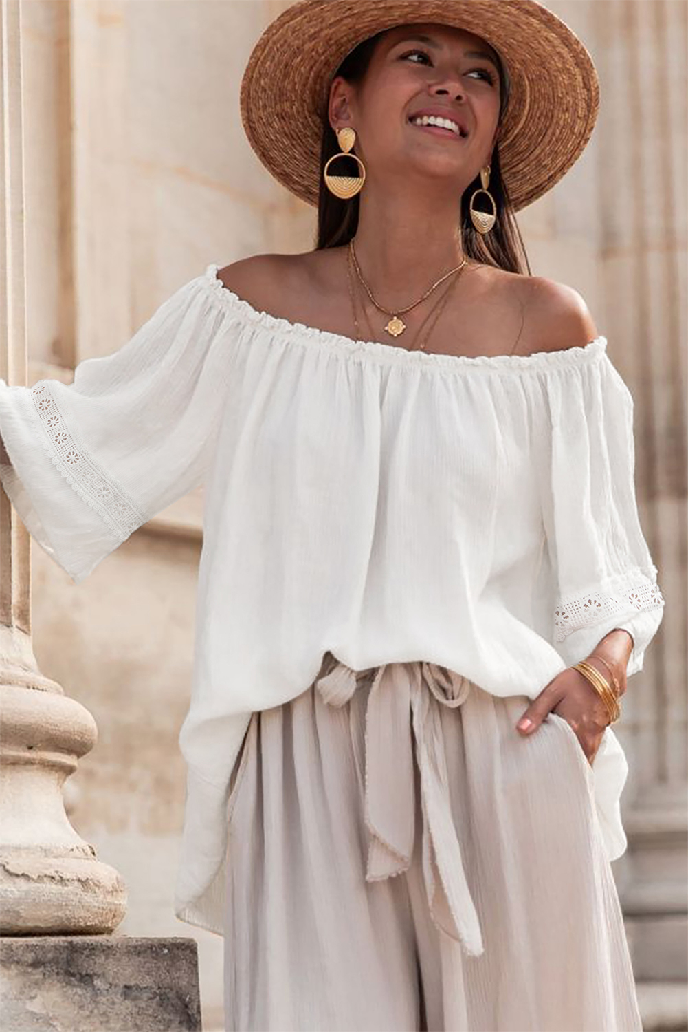 White Frilly Off Shoulder Lace Insert Sleeve Textured Blouse - loveforevers