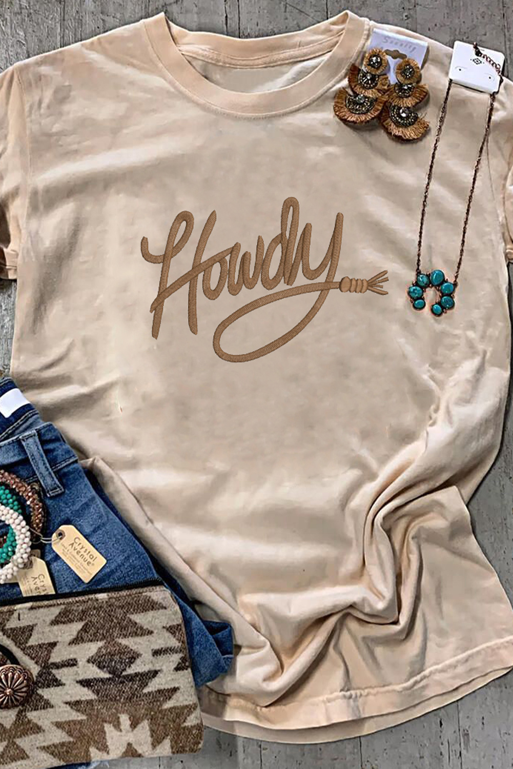 Khaki Howdy Embroidered Graphic Western Tee - loveforevers
