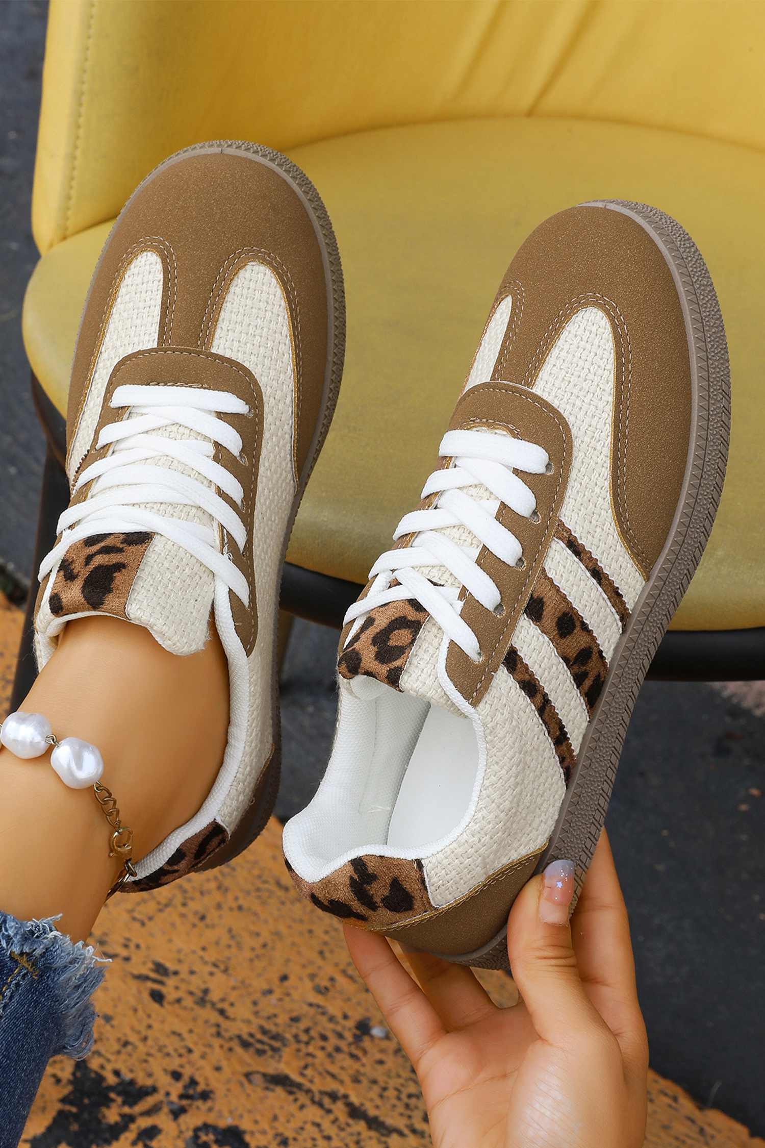 Coffee Color Block Leopard Patchwork Lace-up Flat Shoes - loveforevers