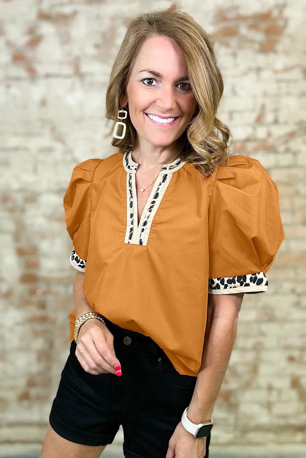 Buckskin Contrast Leopard Trim Split Neck Puff Sleeve Blouse - loveforevers