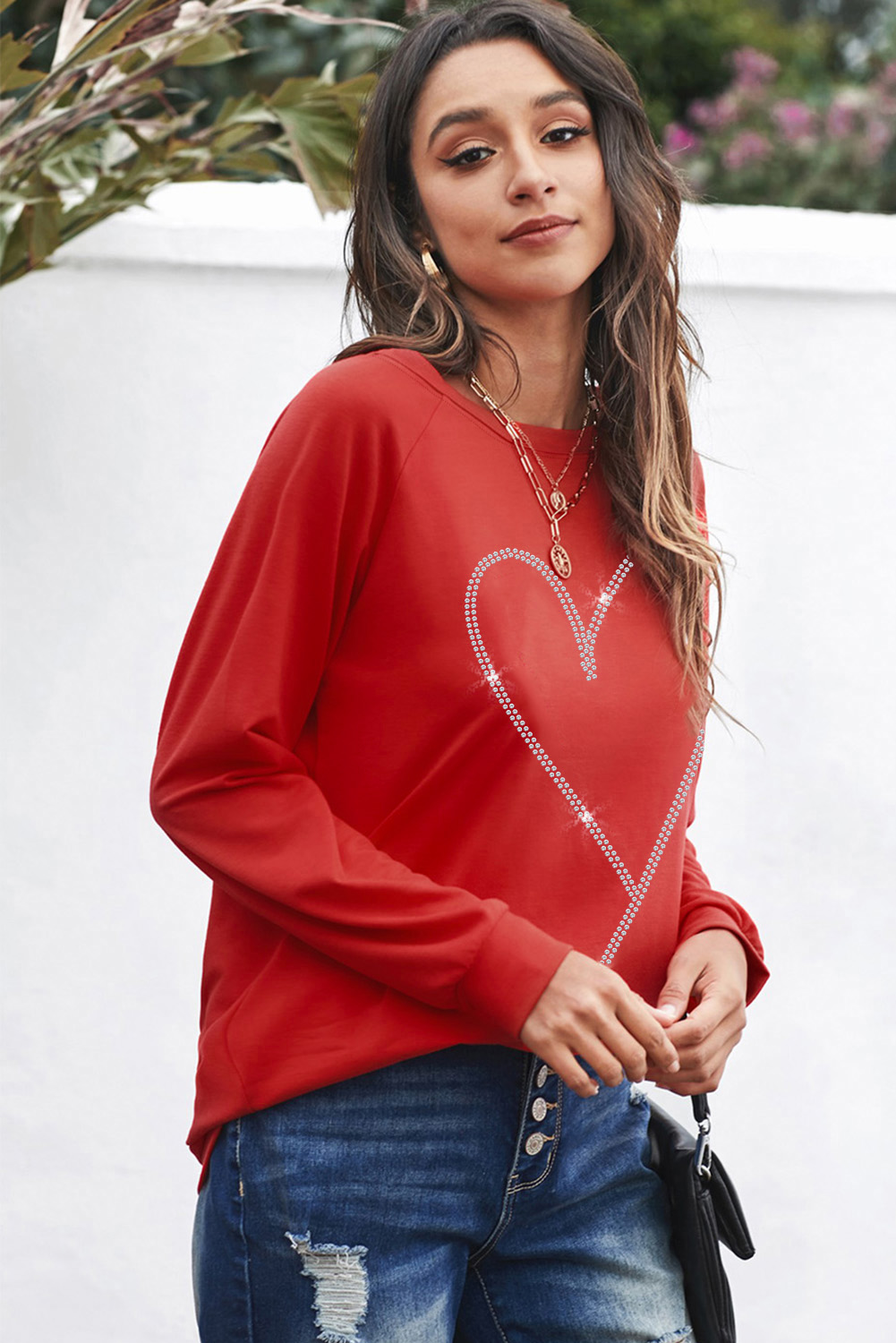Fiery Red Rhinestone Heart Shaped Long Sleeve Sweatshirt - loveforevers