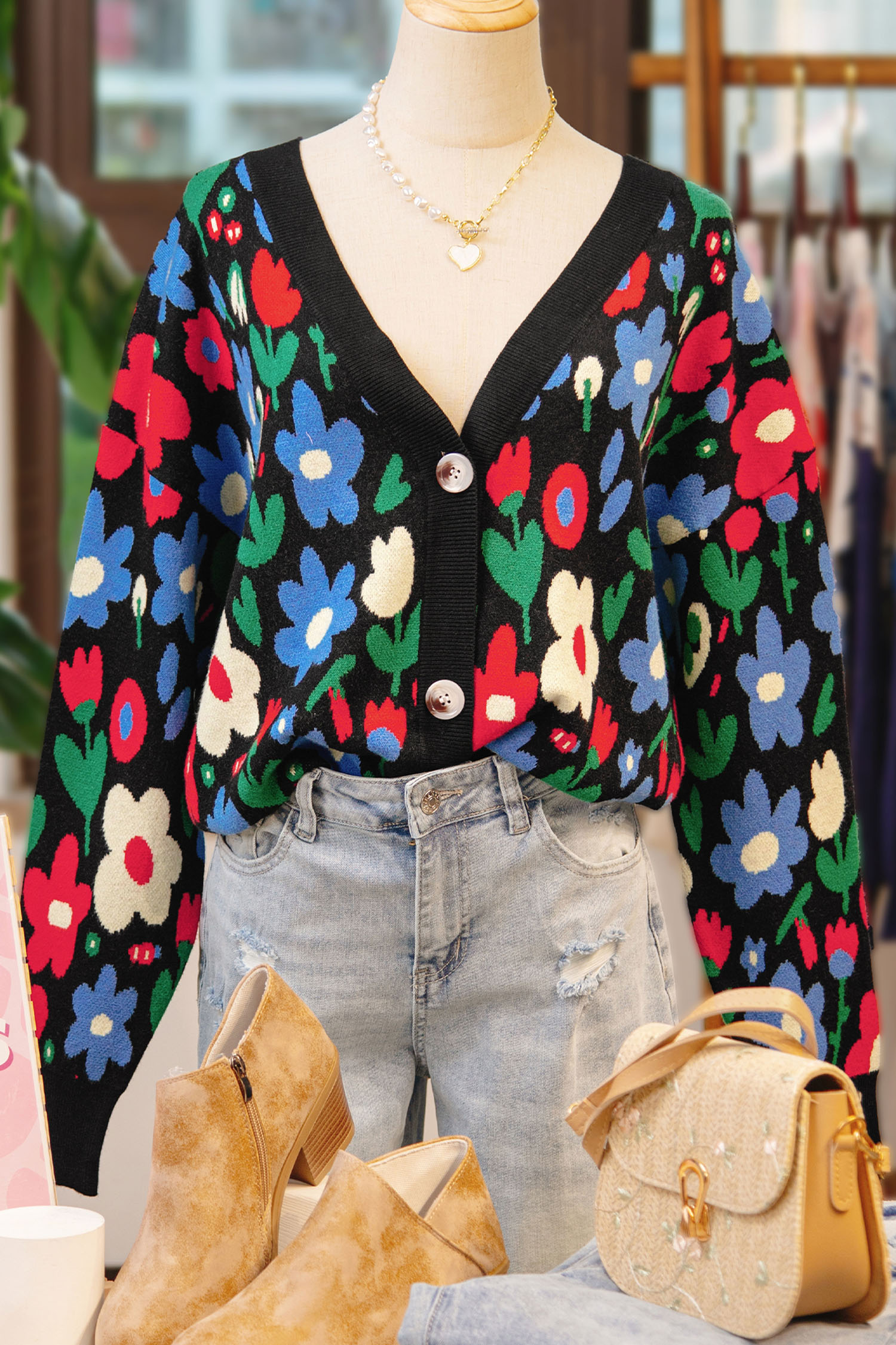 Black Floral Print V Neck Buttoned Short Cardigan Sweater - loveforevers
