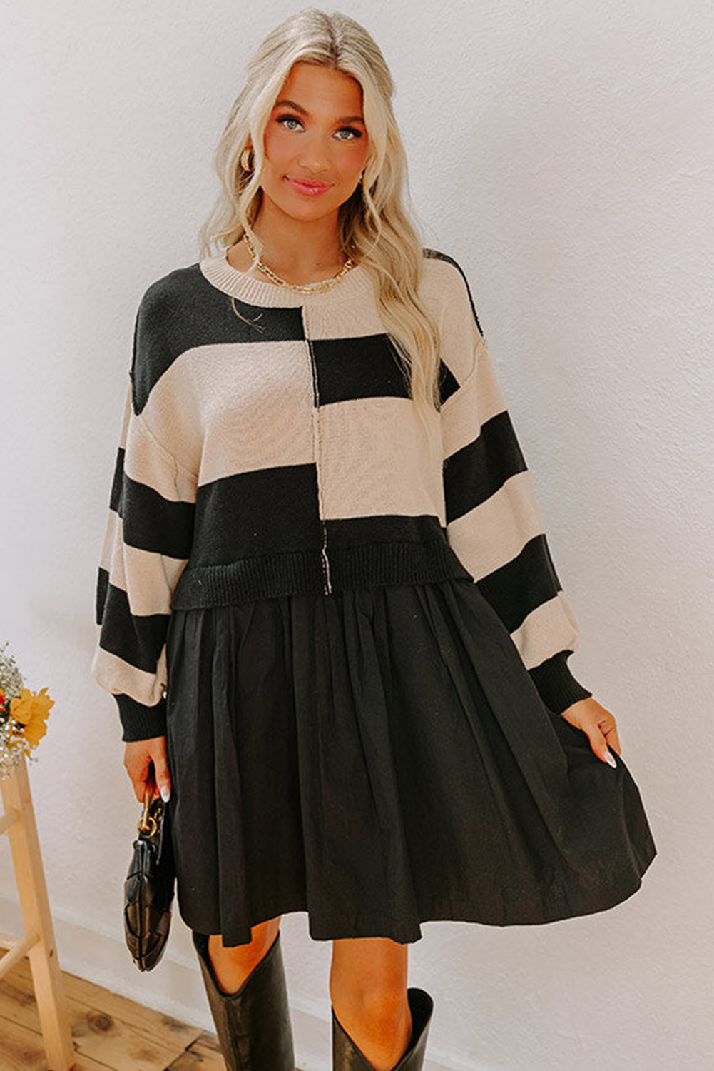 Black Stripe Two in One Knitted Top High Waist Splicing Hem Sweater Dress - loveforevers