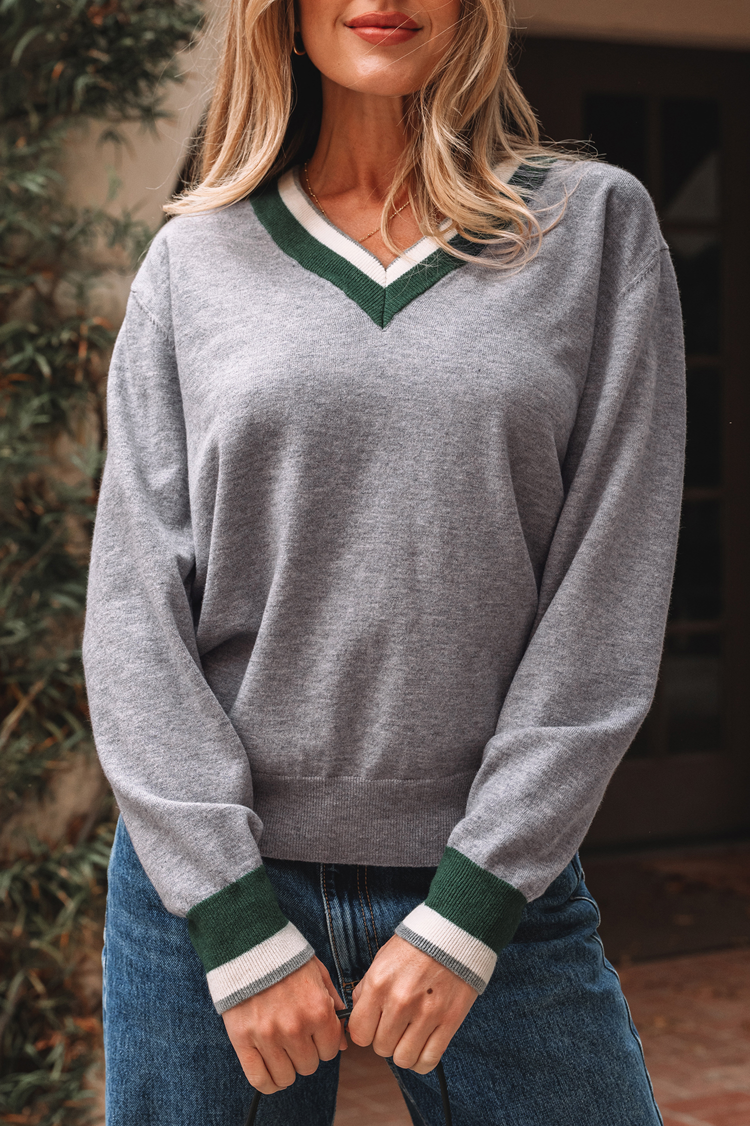 Black Contrast Striped Trim V Neck Varsity Sweater - loveforevers