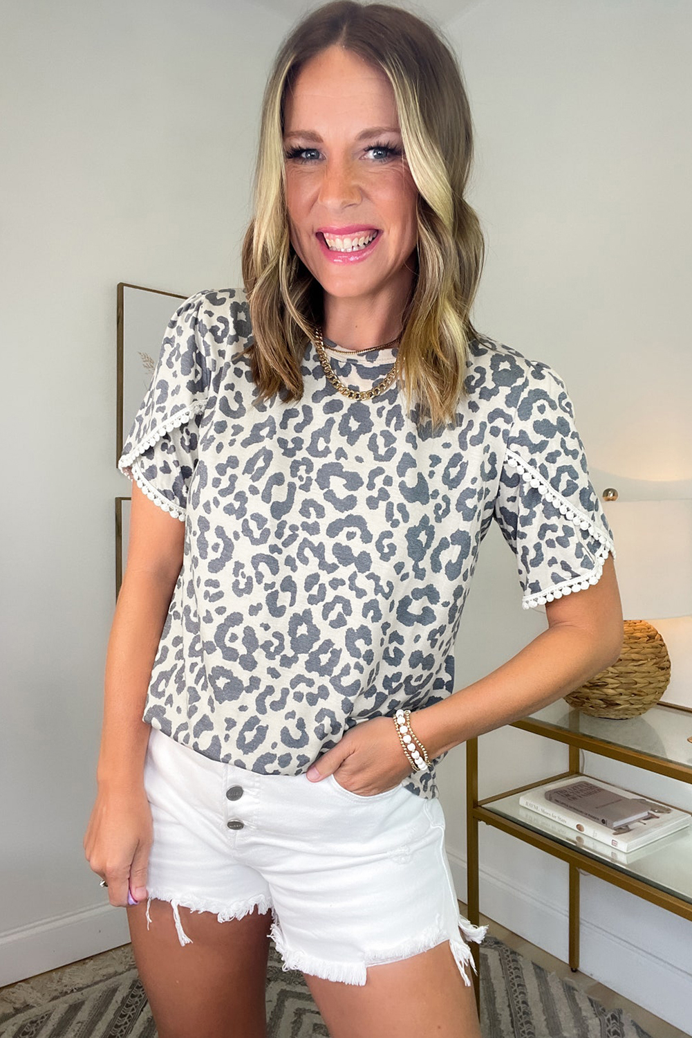 Beige Leopard Round Neck Lace Trim Petal Sleeve T Shirt - loveforevers