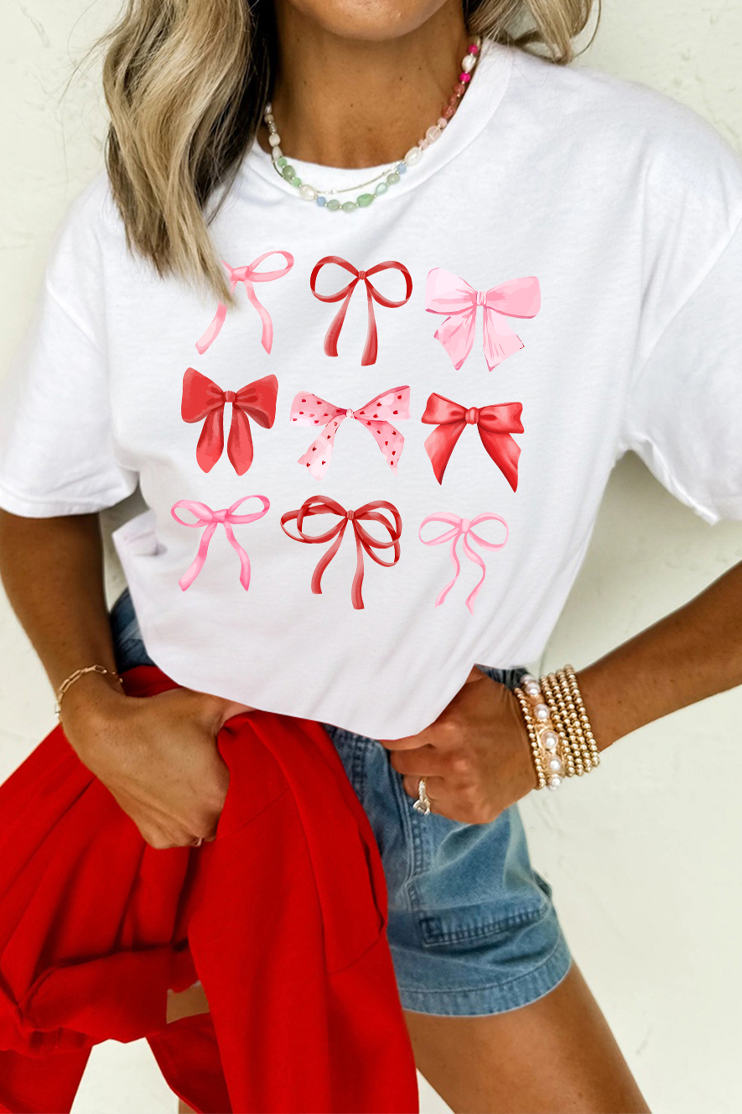 White Diverse Bow Printed Valentines Fashion T Shirt - loveforevers