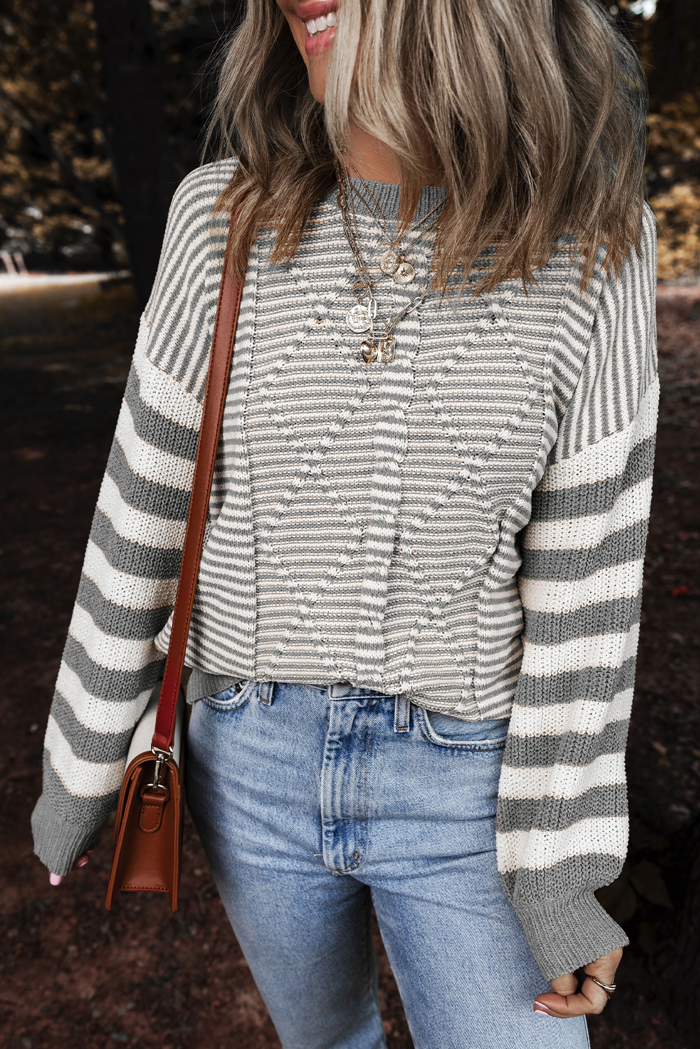 Gray Stripe Geometric Textured Drop Shoulder Sweater - loveforevers