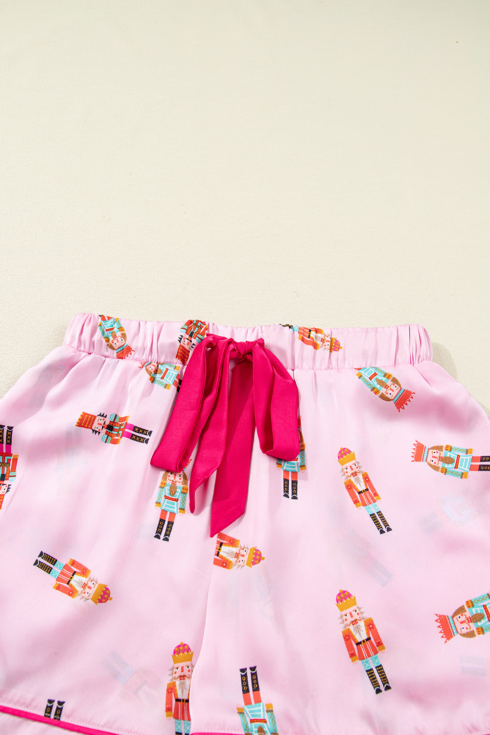 Pink Nutcracker Print Contrast Trim Tied up Bow Silky 2pcs Pajama Set - loveforevers