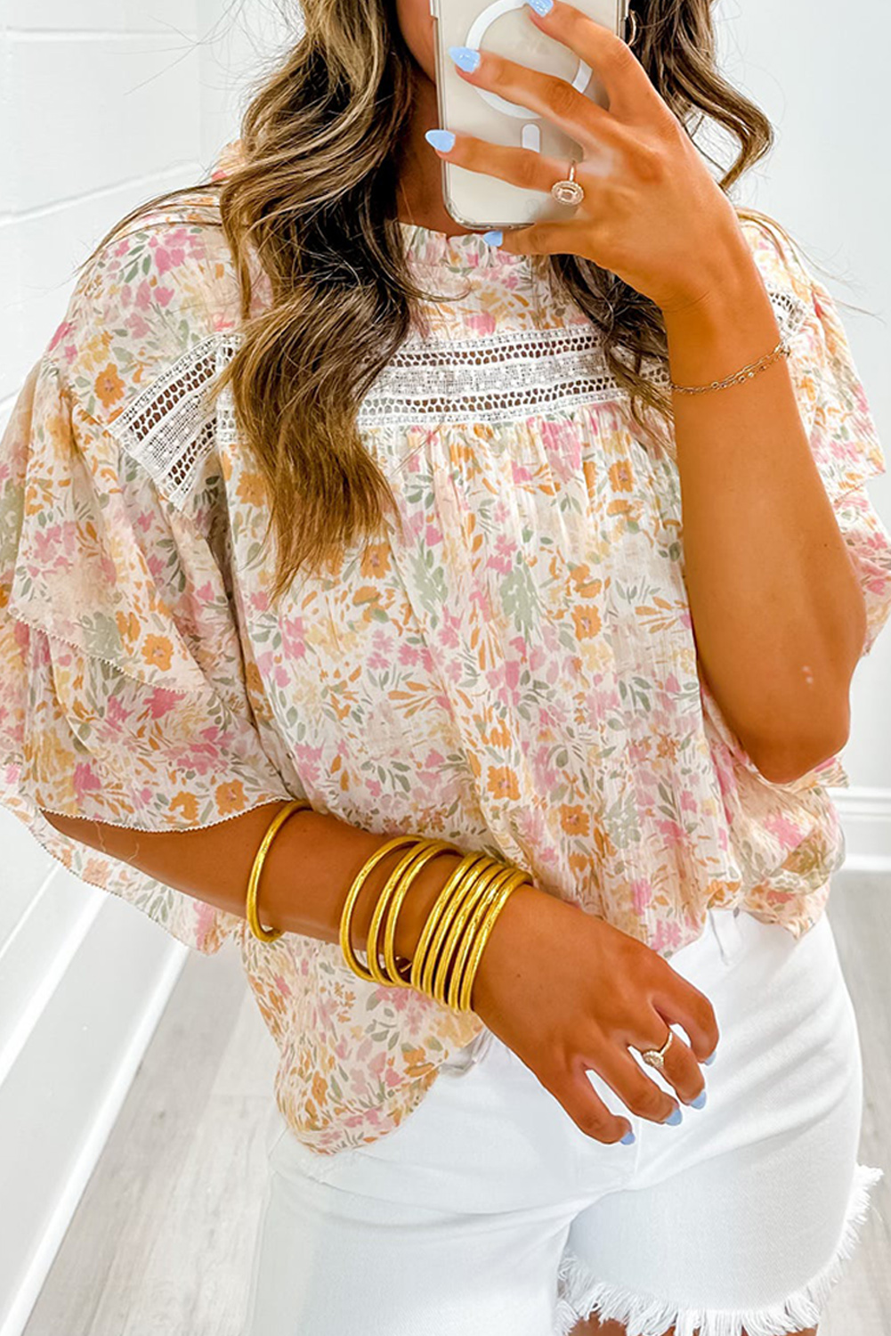 Multicolor Floral Print Wide Ruffle Sleeves Blouse - loveforevers