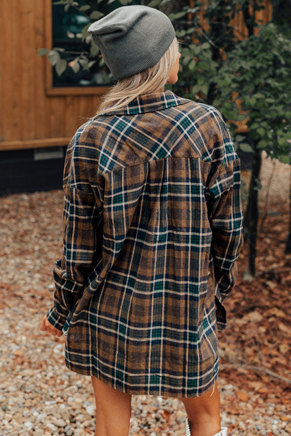 Brown Plaid Print Chest Pockets Buttoned Shirt Jacket - loveforevers