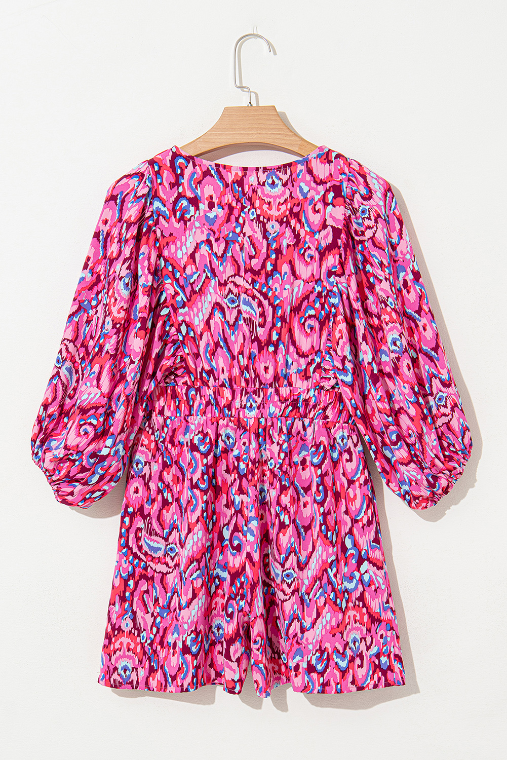Pink Abstract Print Puff Sleeve V Neck High Waist Romper - loveforevers