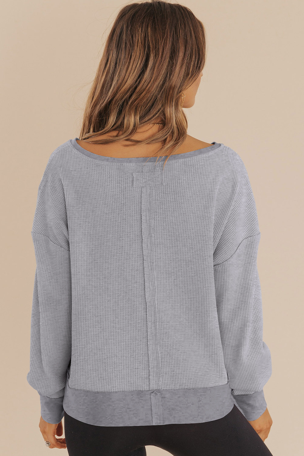 Dark Brown Waffle Knit Notched V Neck Drop Shoulder Solid Sweatshirt - loveforevers