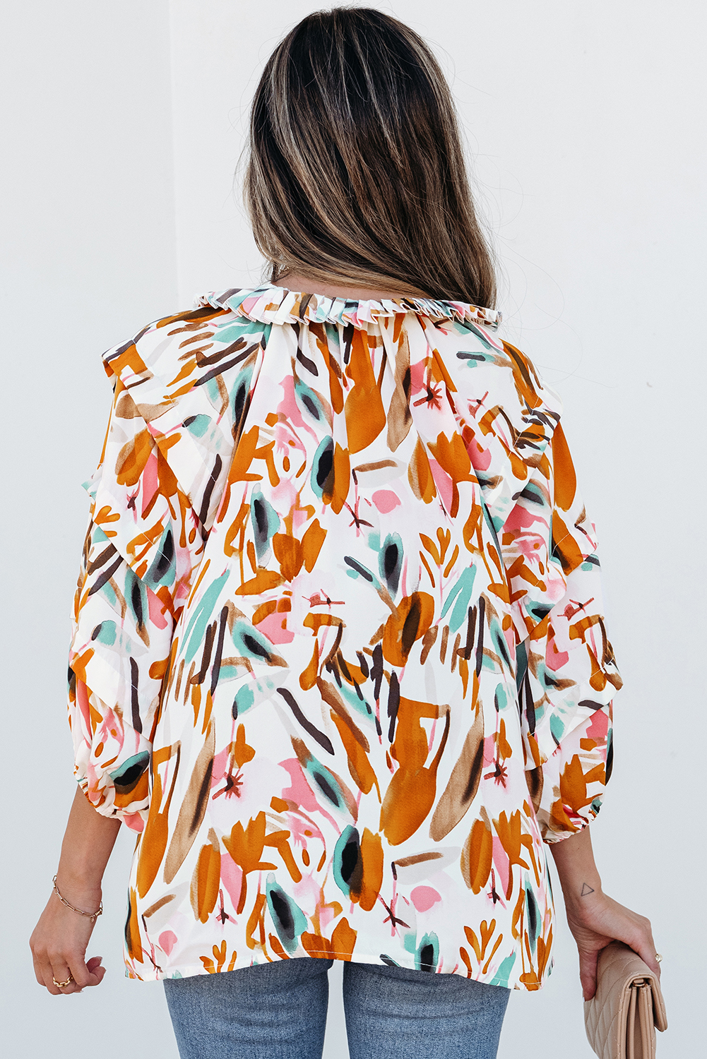 Yellow Abstract Print Drawstring Frilled V Neck 3/4 Sleeve Blouse - loveforevers